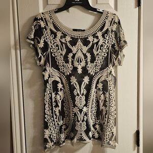 Chic Black and Cream Embroidered Women's Blouse